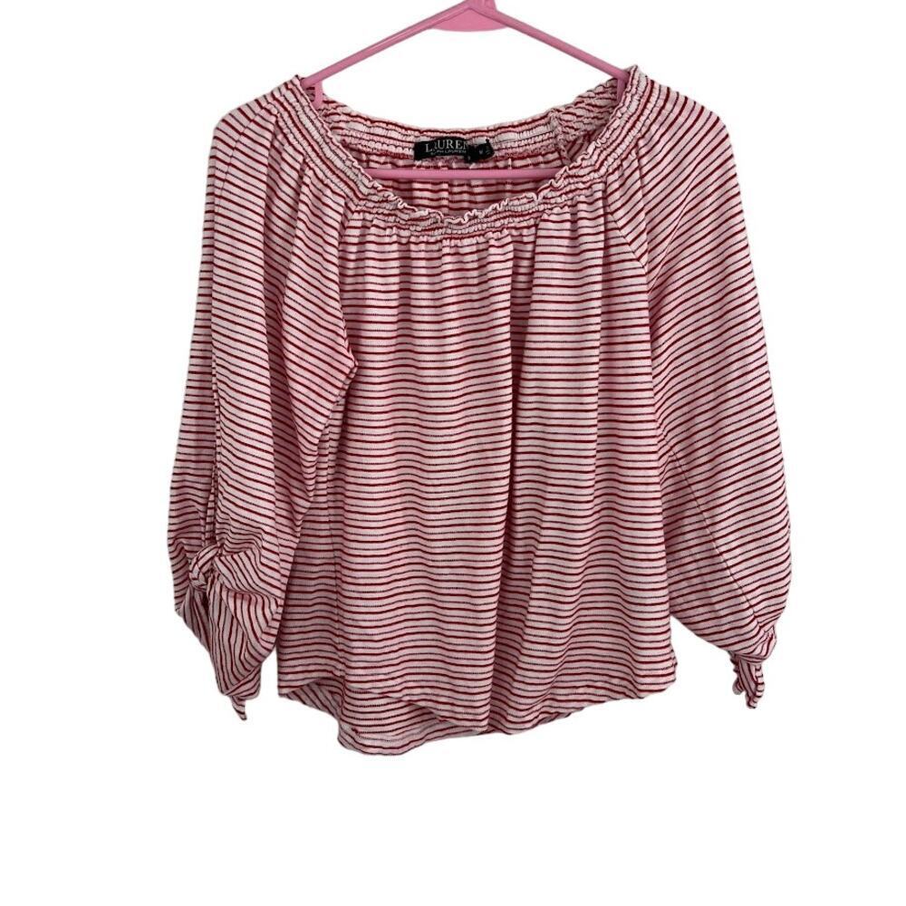 Lauren Ralph Lauren Red and white striped puffy sleeve blouse Womens size Medium